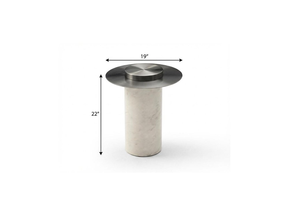 22" Gunmetal and White Stainless Steel and Faux Marble Round Pedestal End Table HomeRoots