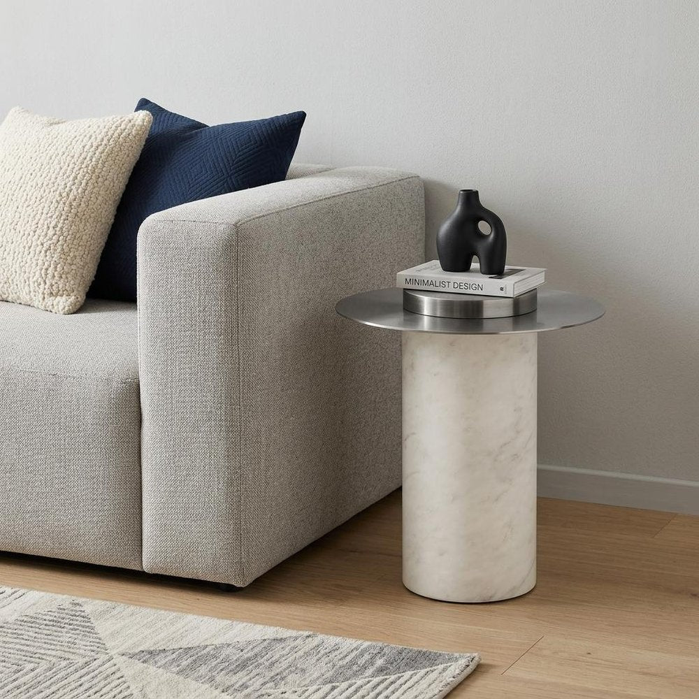 22" Gunmetal and White Stainless Steel and Faux Marble Round Pedestal End Table — view 6