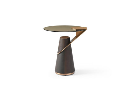 22" Clear Rose Gold and Dark Brown Glass Stainless Steel and Solid Wood Round Pedestal End Table HomeRoots