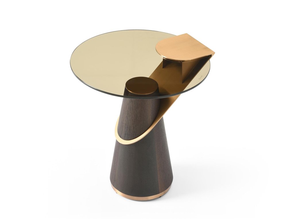 22" Clear Rose Gold and Dark Brown Glass Stainless Steel and Solid Wood Round Pedestal End Table HomeRoots