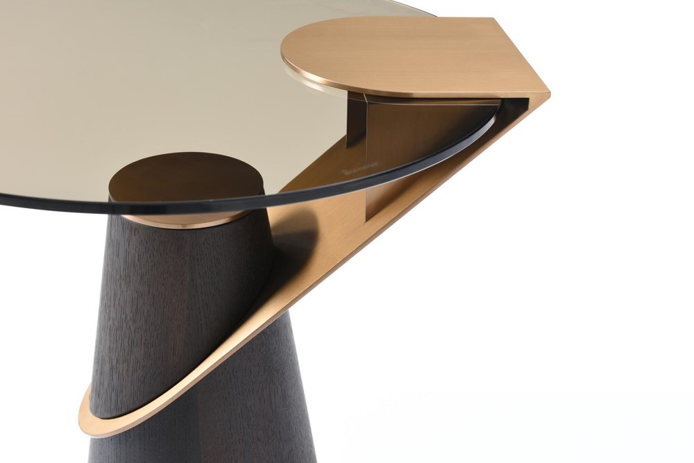 22" Clear Rose Gold and Dark Brown Glass Stainless Steel and Solid Wood Round Pedestal End Table — view 3