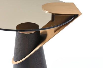 22" Clear Rose Gold and Dark Brown Glass Stainless Steel and Solid Wood Round Pedestal End Table HomeRoots