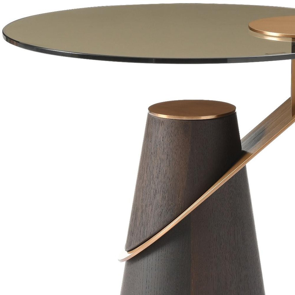 22" Clear Rose Gold and Dark Brown Glass Stainless Steel and Solid Wood Round Pedestal End Table HomeRoots