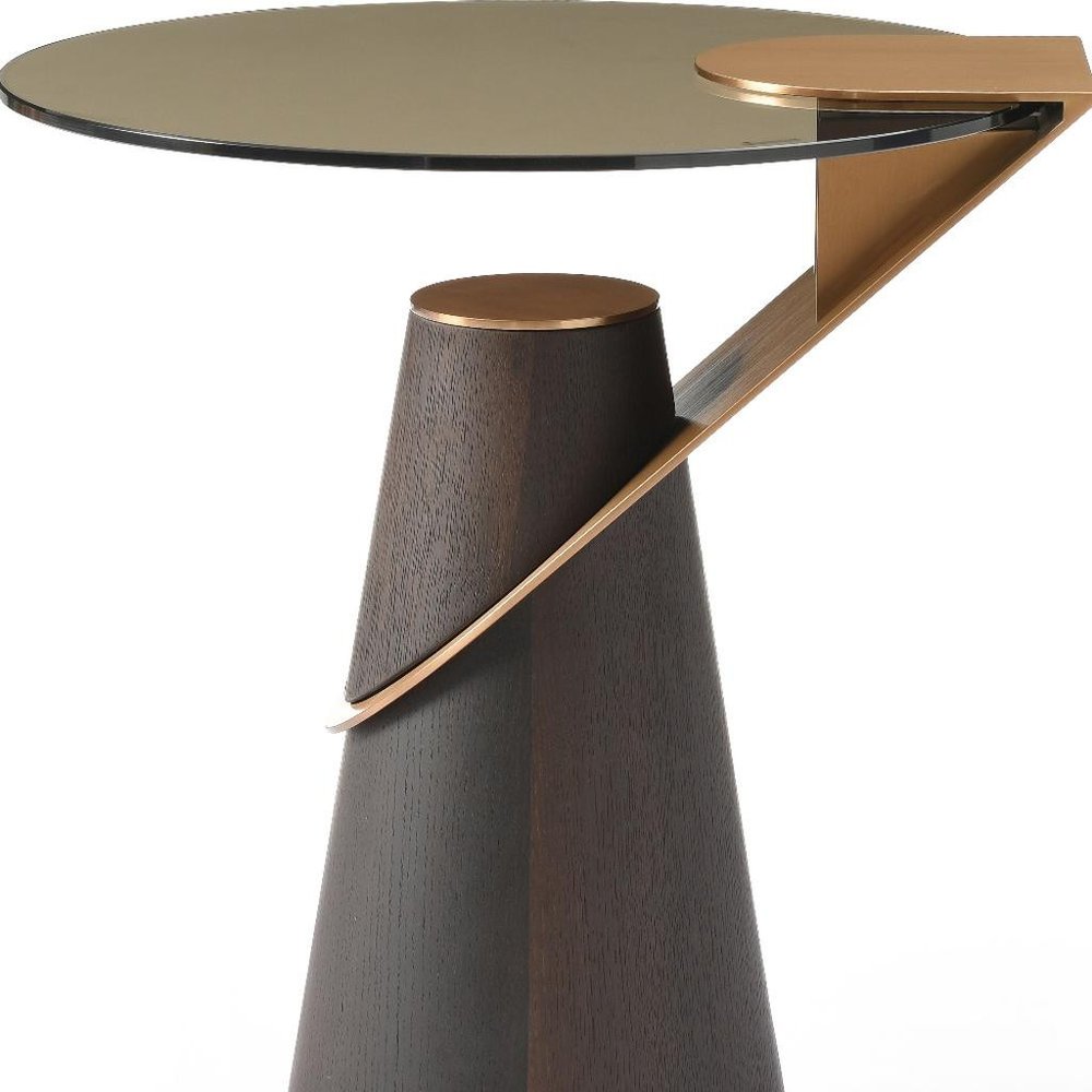 22" Clear Rose Gold and Dark Brown Glass Stainless Steel and Solid Wood Round Pedestal End Table — view 5