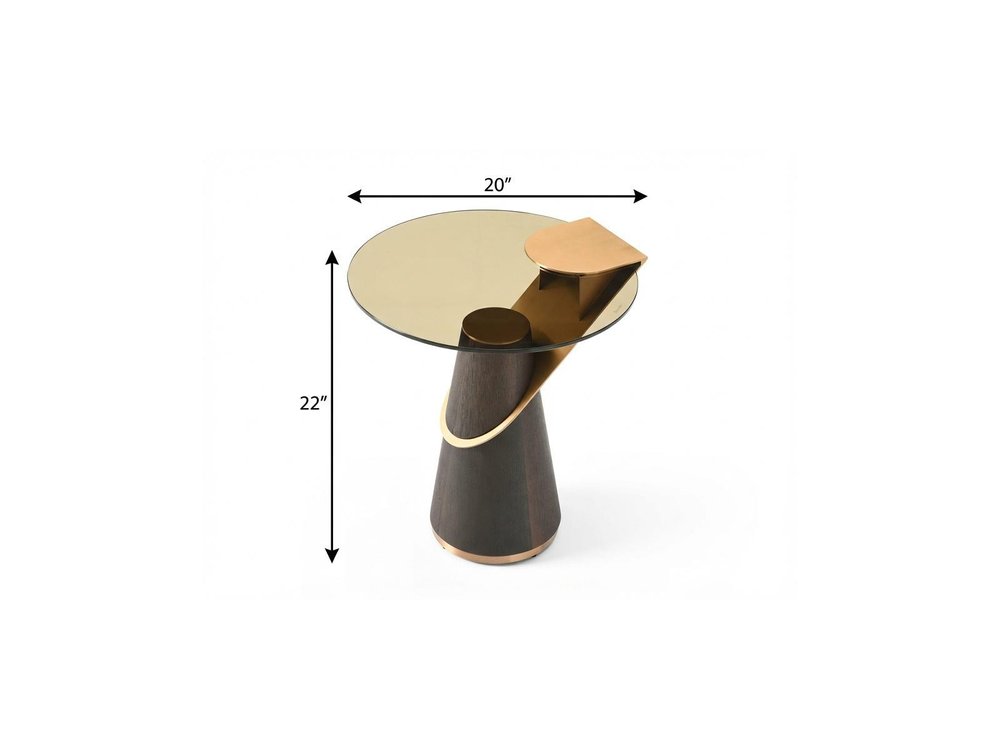 22" Clear Rose Gold and Dark Brown Glass Stainless Steel and Solid Wood Round Pedestal End Table HomeRoots