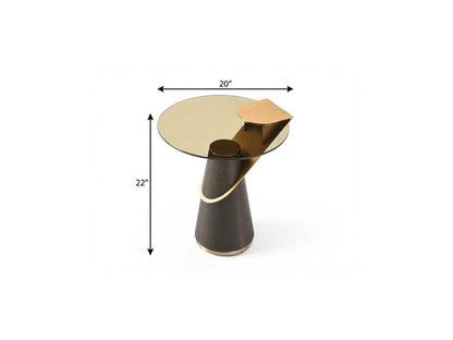 22" Clear Rose Gold and Dark Brown Glass Stainless Steel and Solid Wood Round Pedestal End Table HomeRoots
