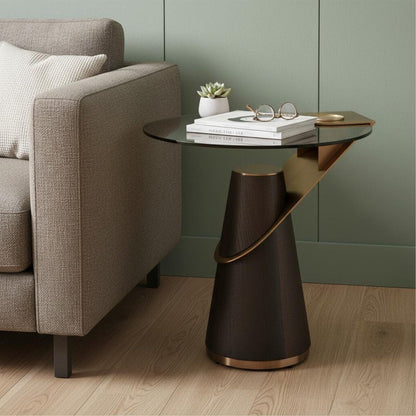 22" Clear Rose Gold and Dark Brown Glass Stainless Steel and Solid Wood Round Pedestal End Table HomeRoots