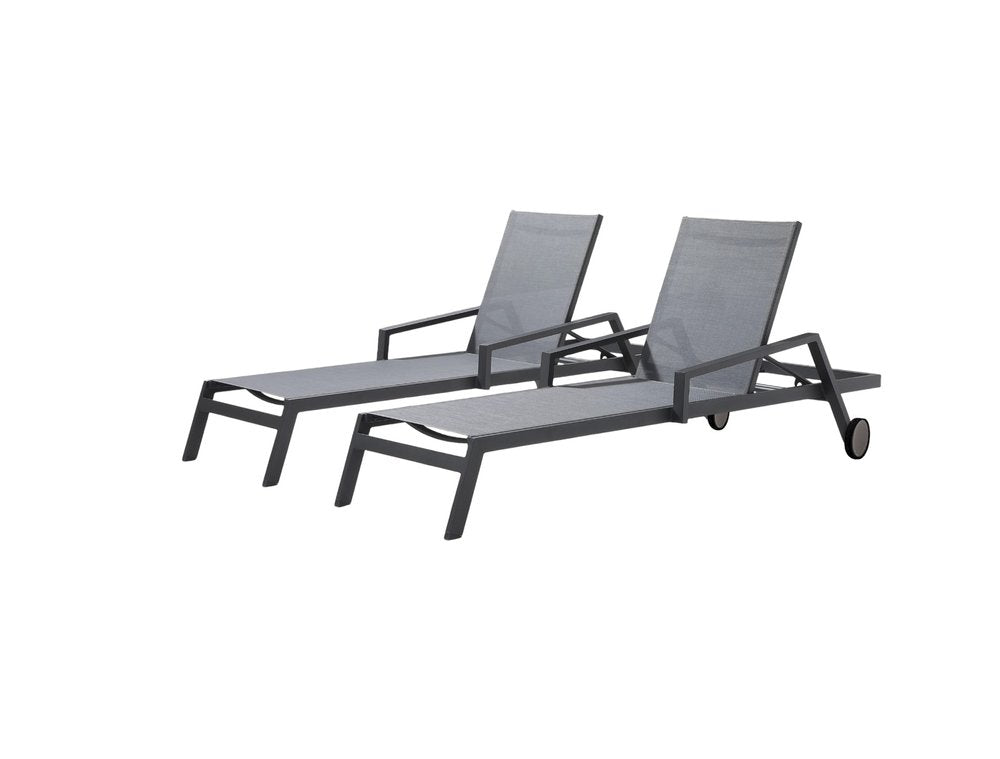 Set of Two Gray Aluminum Three Position Adjustable Sling Outdoor Stacking Chaise Lounges — view 2