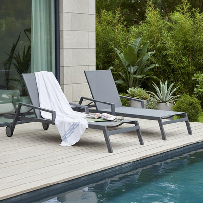 Set of Two Gray Aluminum Three Position Adjustable Sling Outdoor Stacking Chaise Lounges HomeRoots