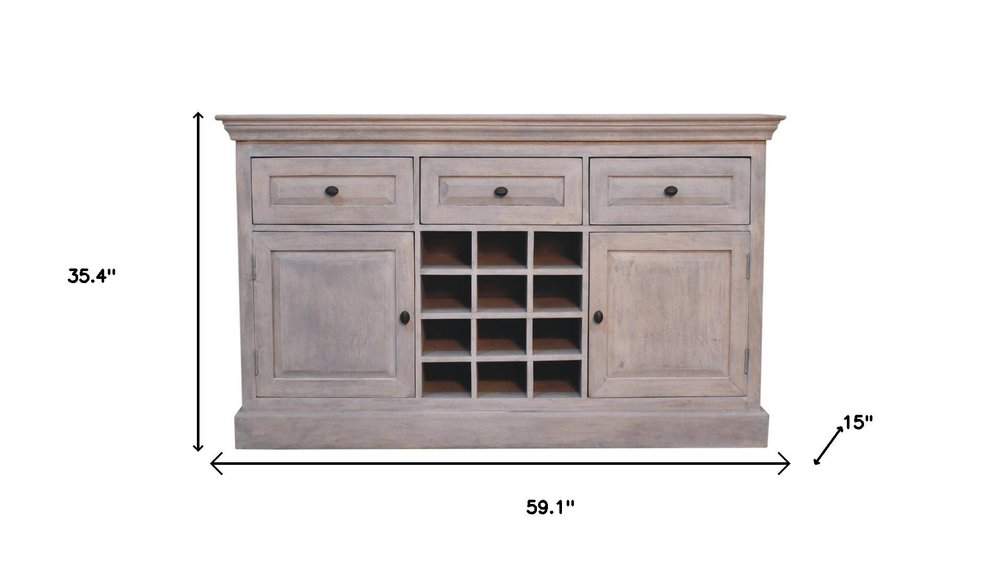 59" Gray Distressed Solid Wood Three Drawer Buffet Table With Two Doors — view 10