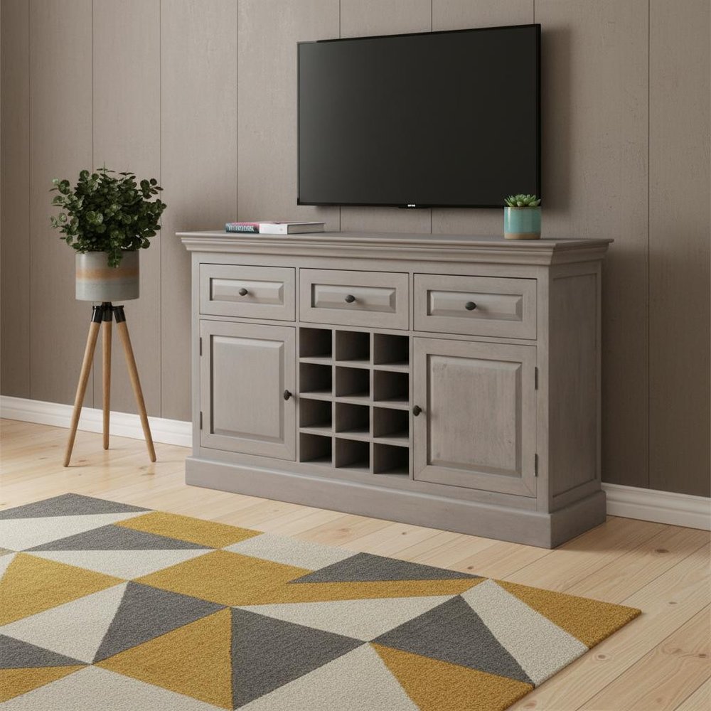 59" Gray Distressed Solid Wood Three Drawer Buffet Table With Two Doors — view 1