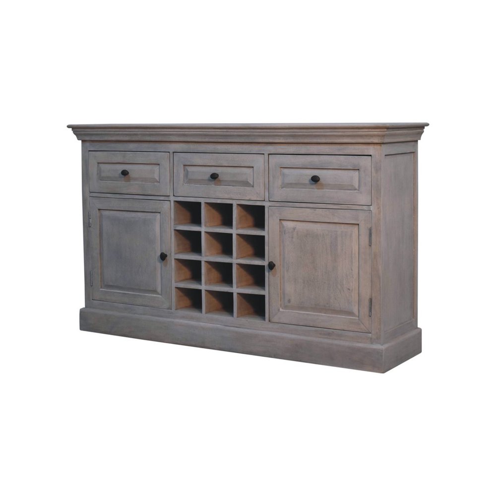 59" Gray Distressed Solid Wood Three Drawer Buffet Table With Two Doors HomeRoots