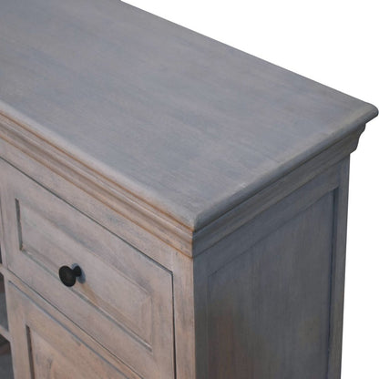 59" Gray Distressed Solid Wood Three Drawer Buffet Table With Two Doors HomeRoots