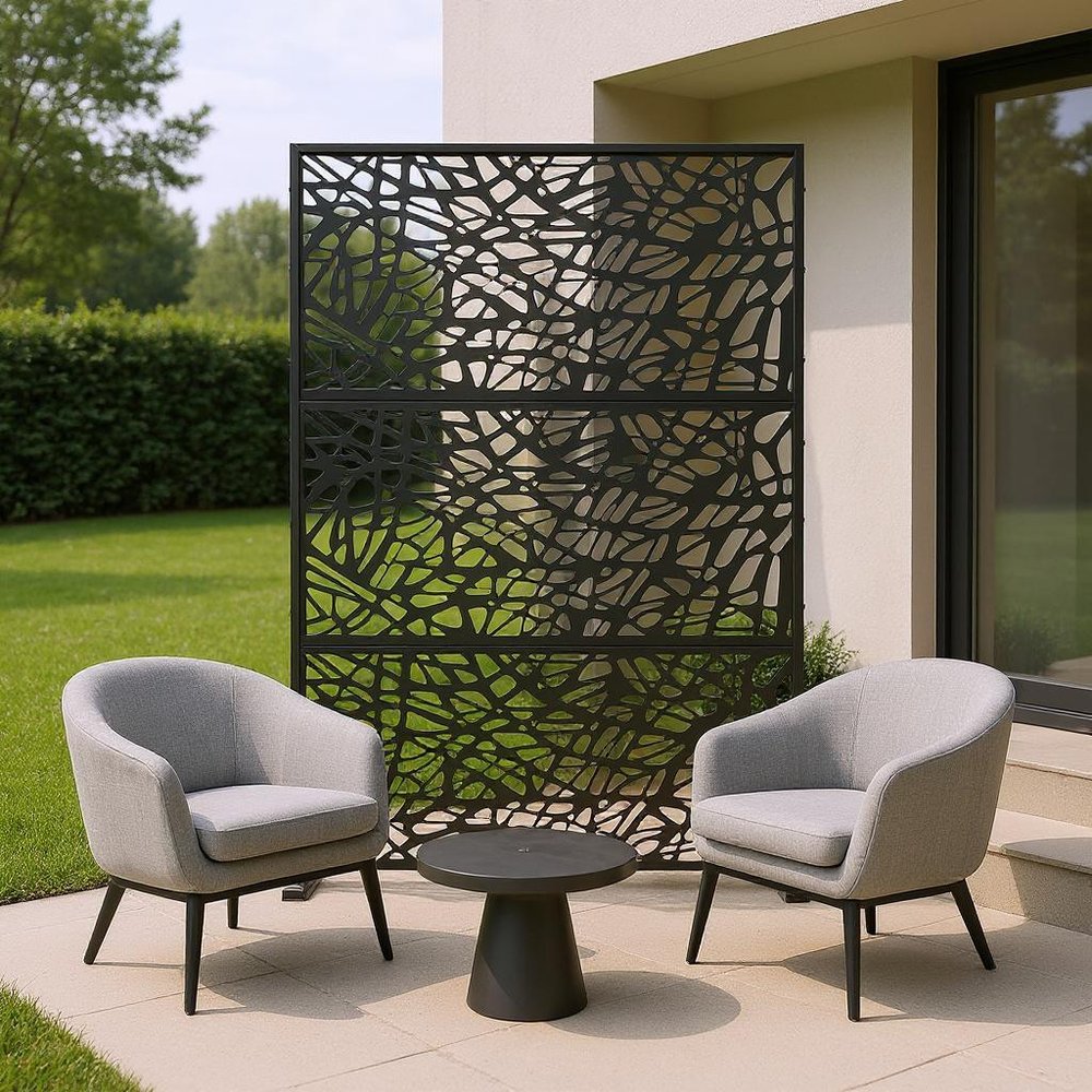 72" Black Argyle Steel Three Panel Outdoor Privacy Screen — view 5