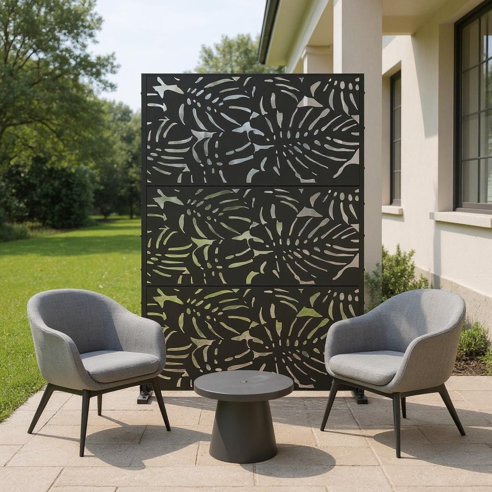 72" Black Argyle Steel Three Panel Outdoor Privacy Screen HomeRoots