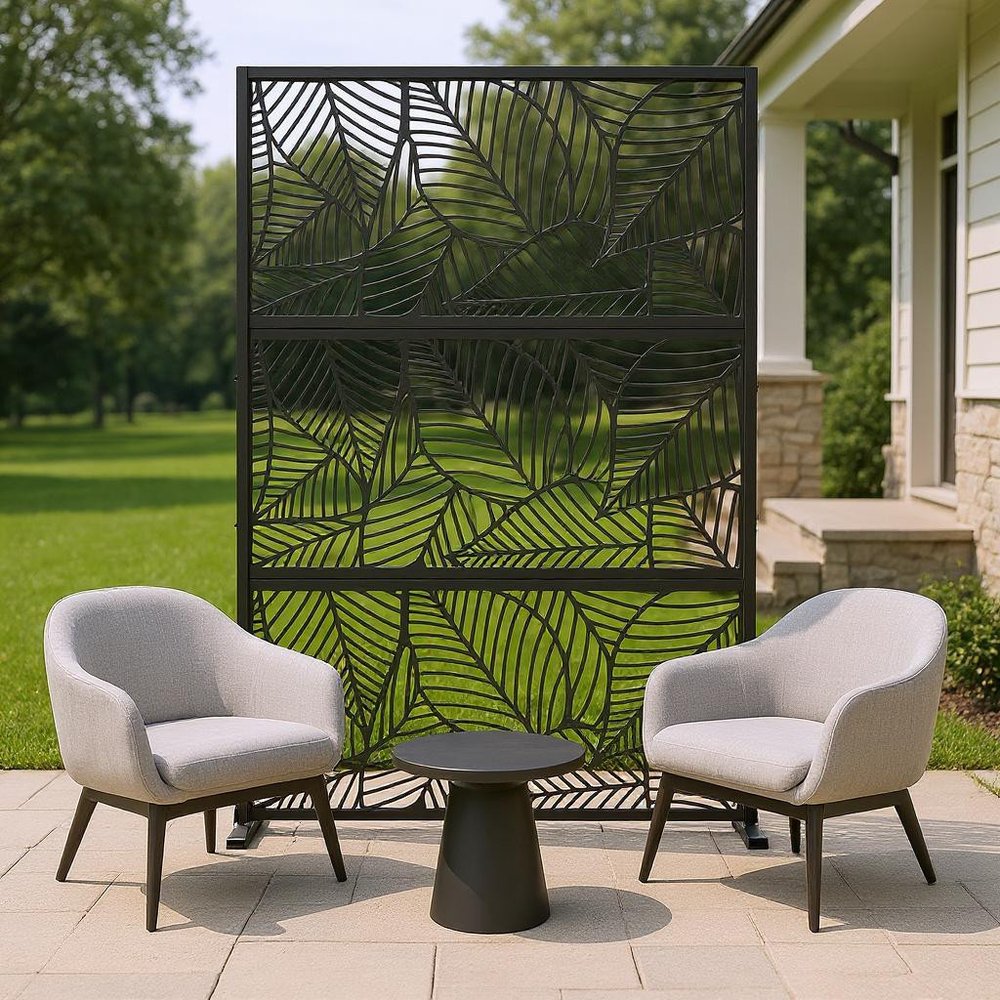 72" Black Argyle Steel Three Panel Outdoor Privacy Screen — view 1