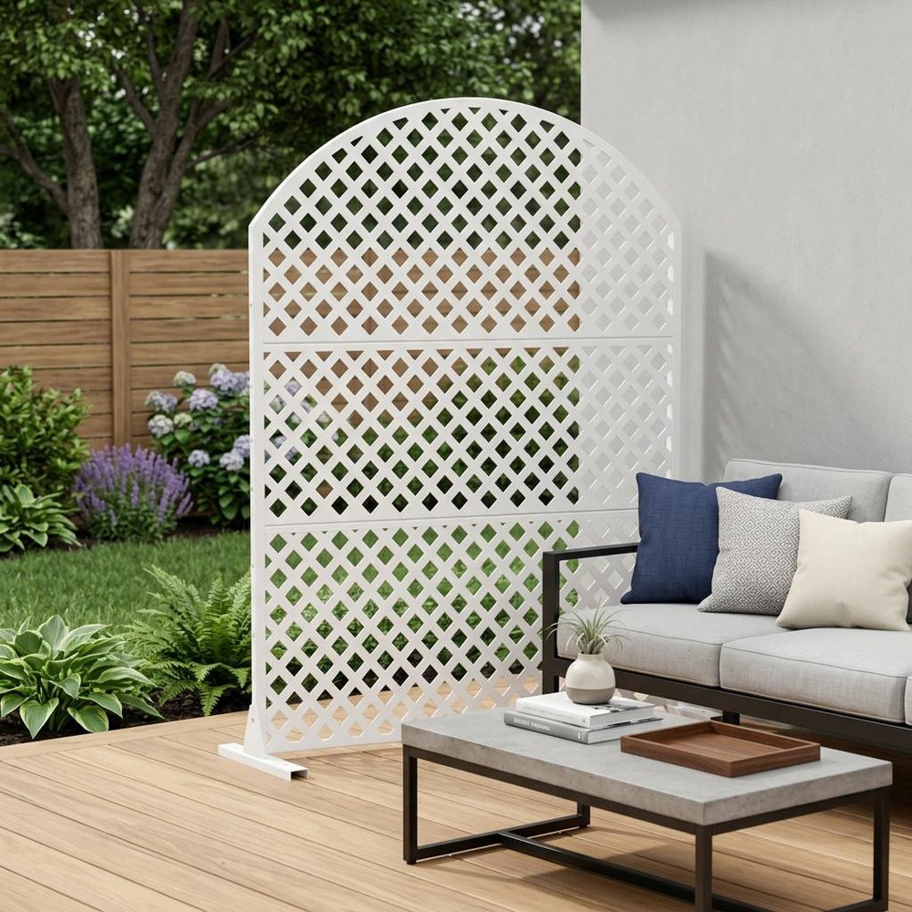 72" White Argyle Steel Three Panel Outdoor Privacy Screen — view 1