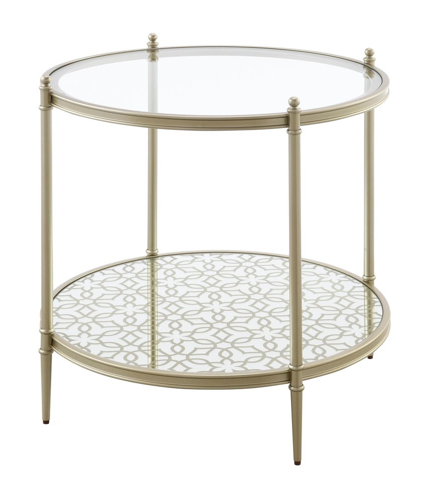 24" Clear and Champagne Tempered Glass and Iron Round End Table With Shelf HomeRoots