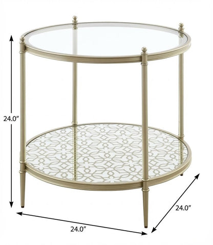 24" Clear And Champagne Glass And Iron Round End Table With Shelf