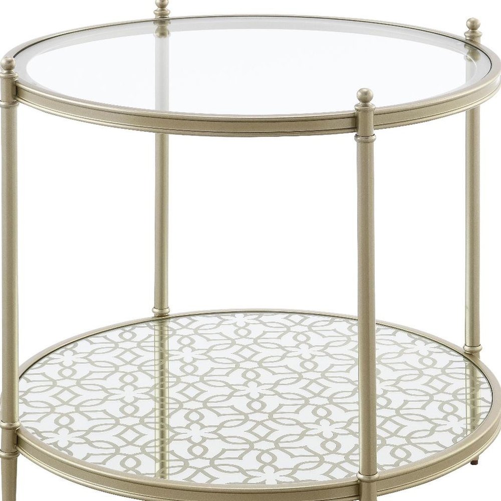 24" Clear and Champagne Tempered Glass and Iron Round End Table With Shelf HomeRoots