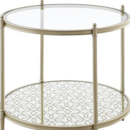 24" Clear And Champagne Glass And Iron Round End Table With Shelf