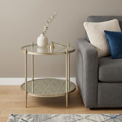 24" Clear And Champagne Glass And Iron Round End Table With Shelf
