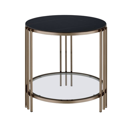 24" Black and Champagne Stone Glass and Iron Round End Table With Shelf