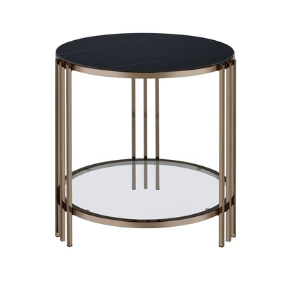 24" Black and Champagne Stone Glass and Iron Round End Table With Shelf HomeRoots
