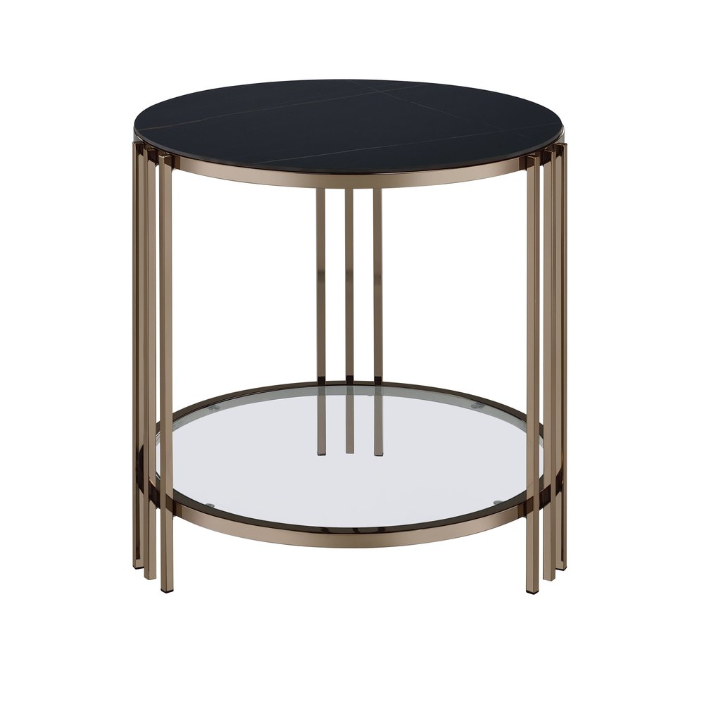 24" Black And Champagne Stone Glass And Iron Round End Table With Shelf