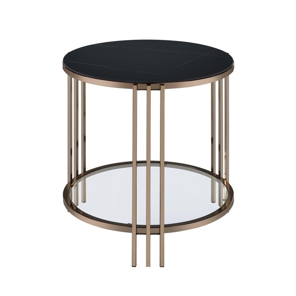 24" Black and Champagne Stone Glass and Iron Round End Table With Shelf — view 3