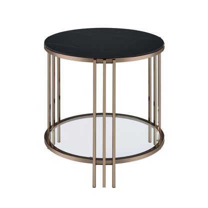 24" Black And Champagne Stone Glass And Iron Round End Table With Shelf