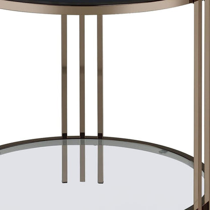 24" Black and Champagne Stone Glass and Iron Round End Table With Shelf HomeRoots