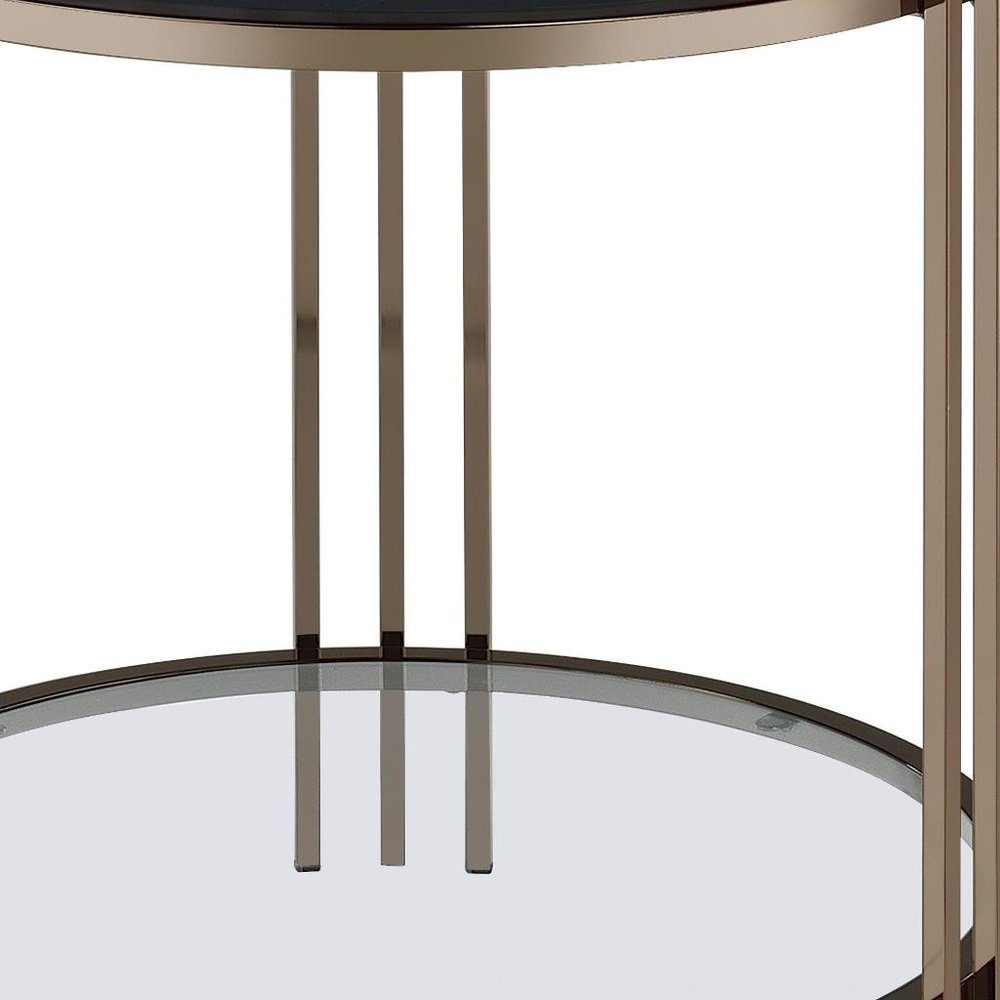 24" Black And Champagne Stone Glass And Iron Round End Table With Shelf