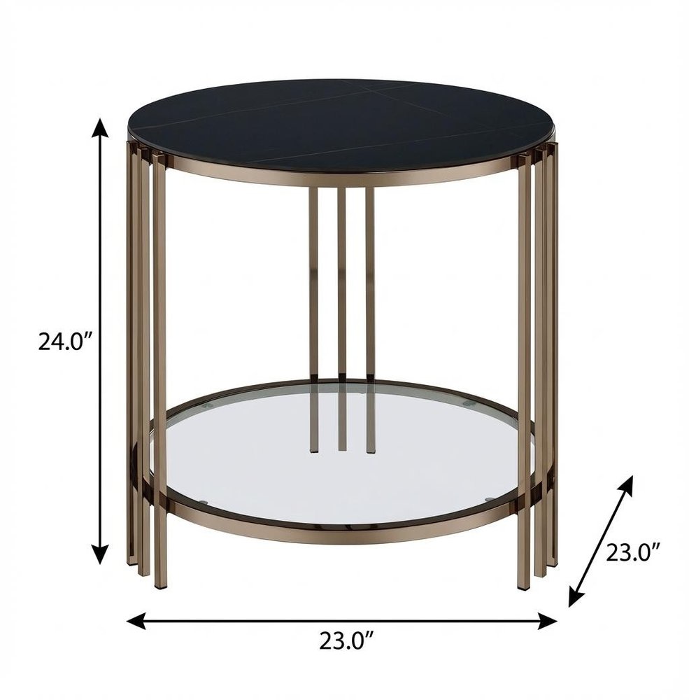 24" Black and Champagne Stone Glass and Iron Round End Table With Shelf — view 6