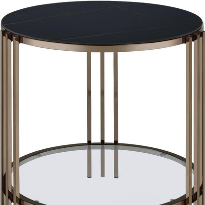 24" Black and Champagne Stone Glass and Iron Round End Table With Shelf HomeRoots