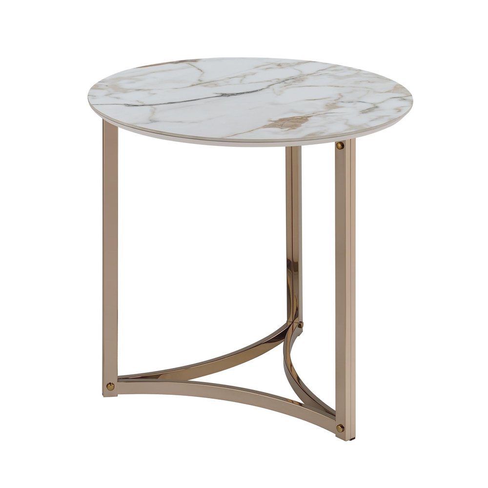 24" White and Champagne Stone and Metal Round Frame End Table HomeRoots