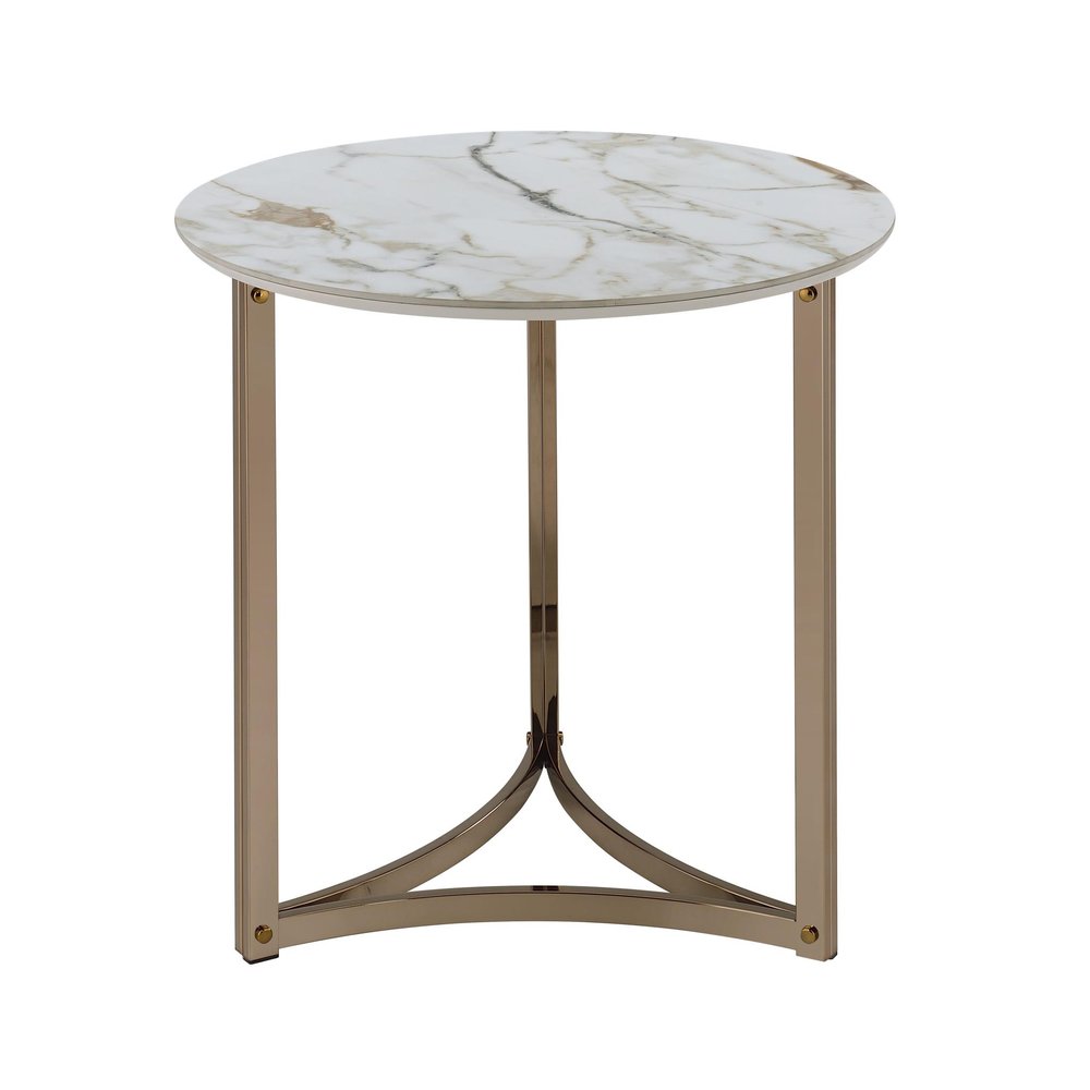 24" White and Champagne Stone and Metal Round Frame End Table HomeRoots