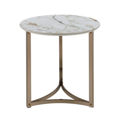24" White and Champagne Stone and Metal Round Frame End Table HomeRoots