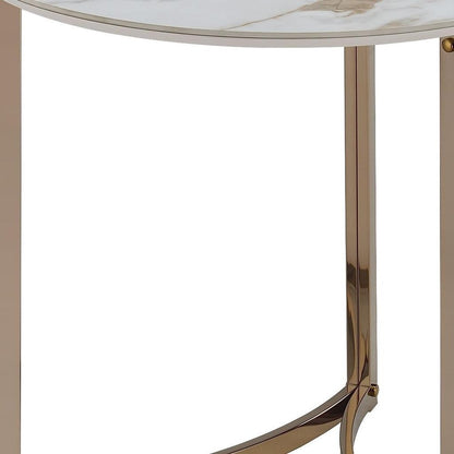 24" White and Champagne Stone and Metal Round Frame End Table HomeRoots