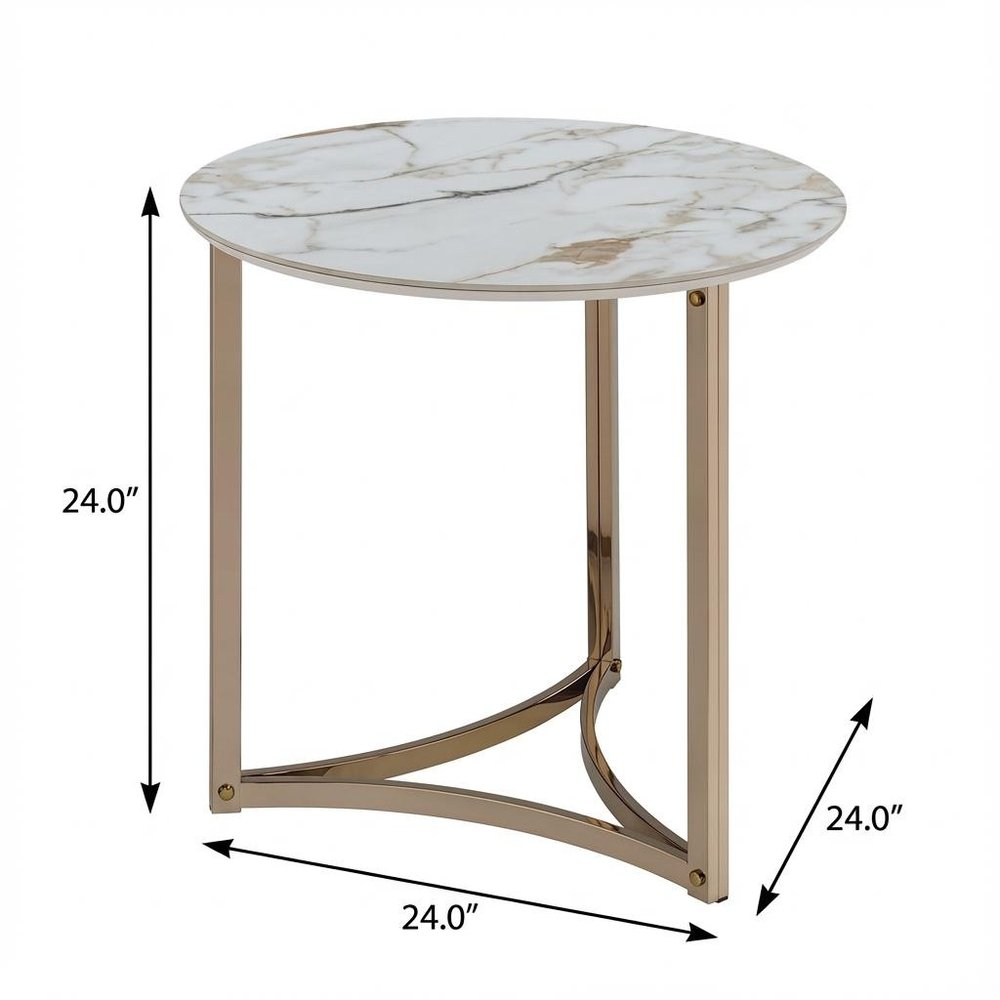 24" White and Champagne Stone and Metal Round Frame End Table — view 5