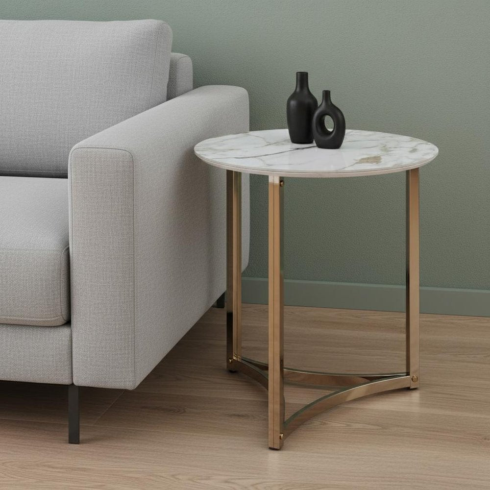 24" White and Champagne Stone and Metal Round Frame End Table — view 6
