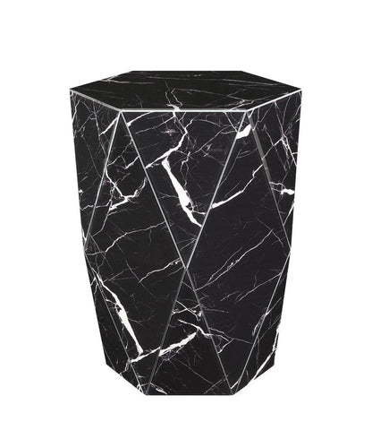 24" Black And White Faux Marble And Glass Hexagonal Block End Table