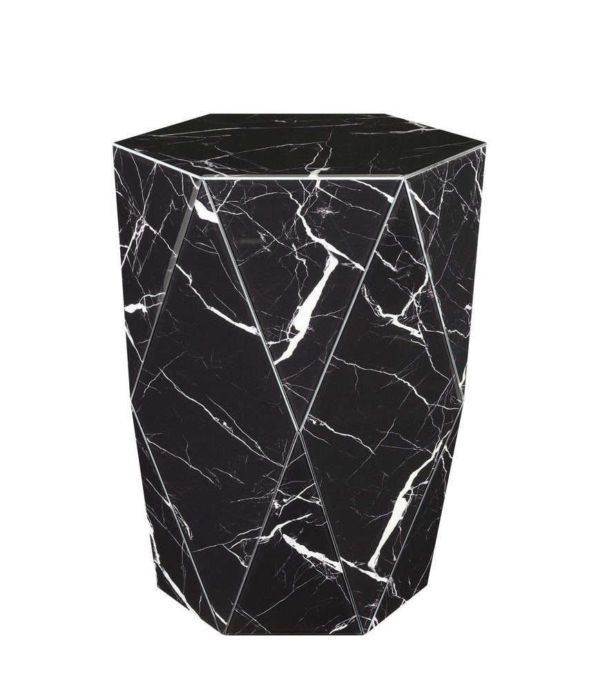 24" Black and White Faux Marble and Glass Hexagonal Block End Table — view 3