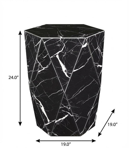 24" Black And White Faux Marble And Glass Hexagonal Block End Table