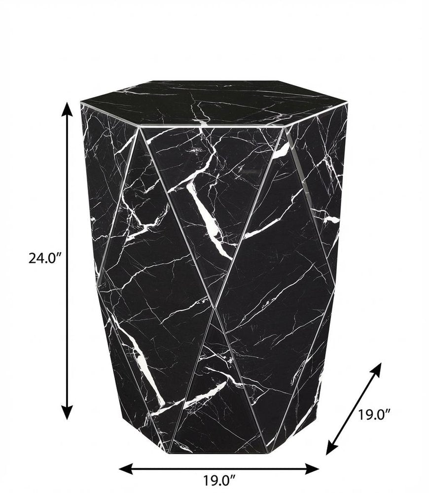 24" Black and White Faux Marble and Glass Hexagonal Block End Table — view 5