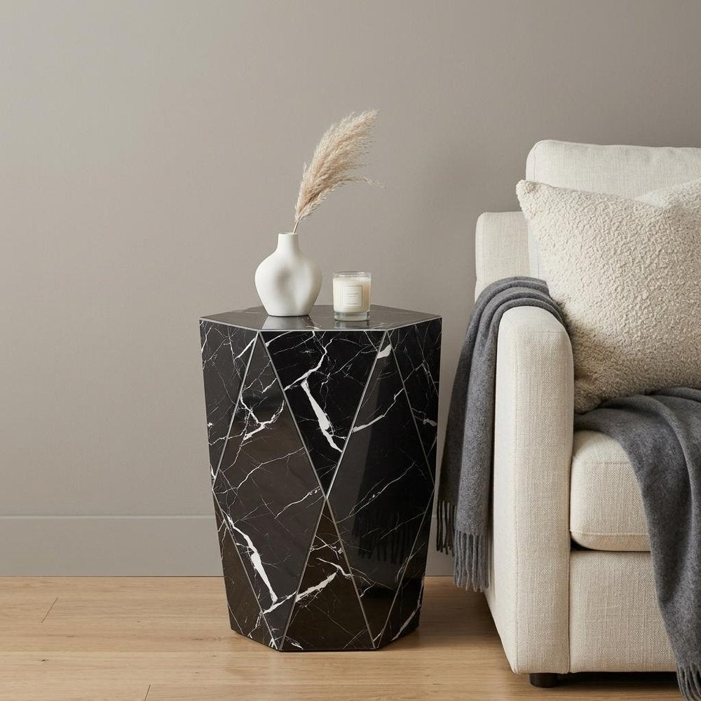 24" Black and White Faux Marble and Glass Hexagonal Block End Table — view 1
