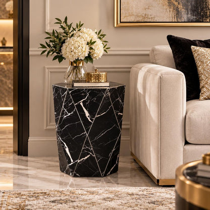24" Black And White Faux Marble And Glass Hexagonal Block End Table