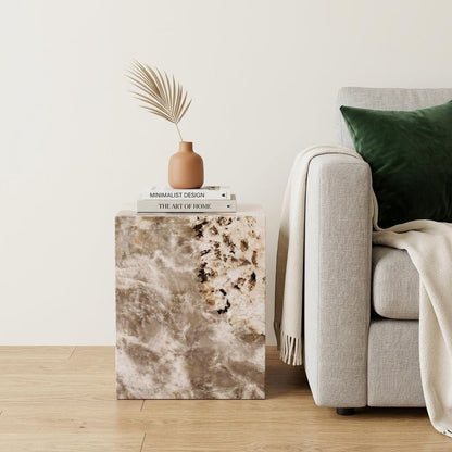 20" Beige And Brown Stone And Wood Square Block End Table