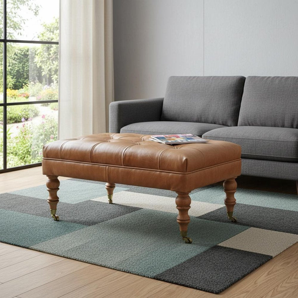35" Black Brass And Brown Rolling Genuine Leather Tufted Ottoman