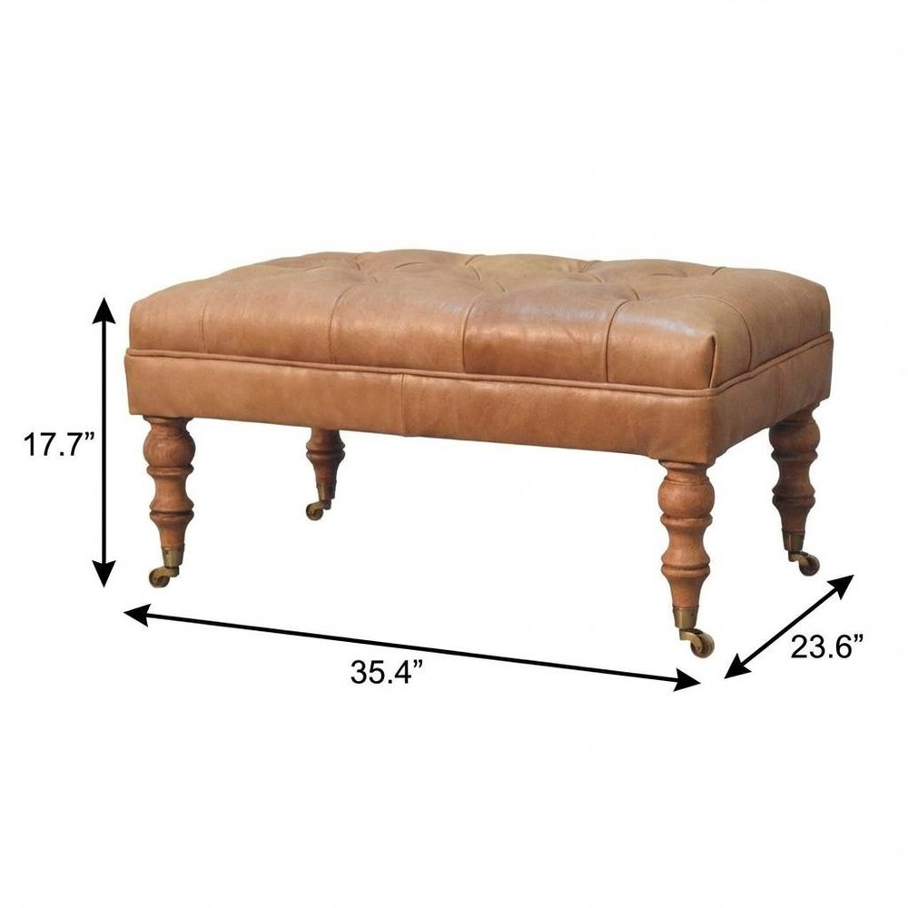35" Black Brass And Brown Rolling Genuine Leather Tufted Ottoman — view 11
